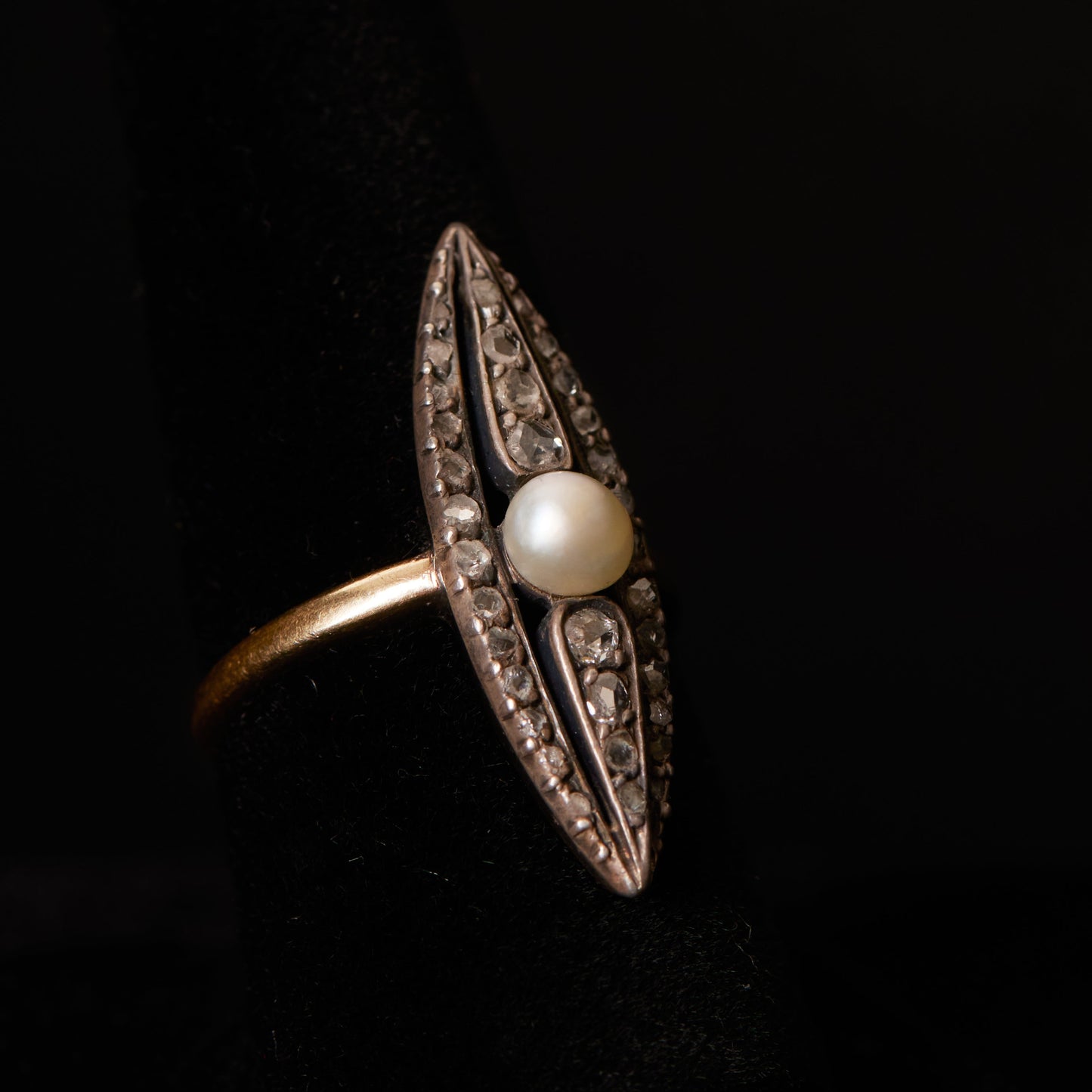 Rose Cut Diamond and Pearl Navette
