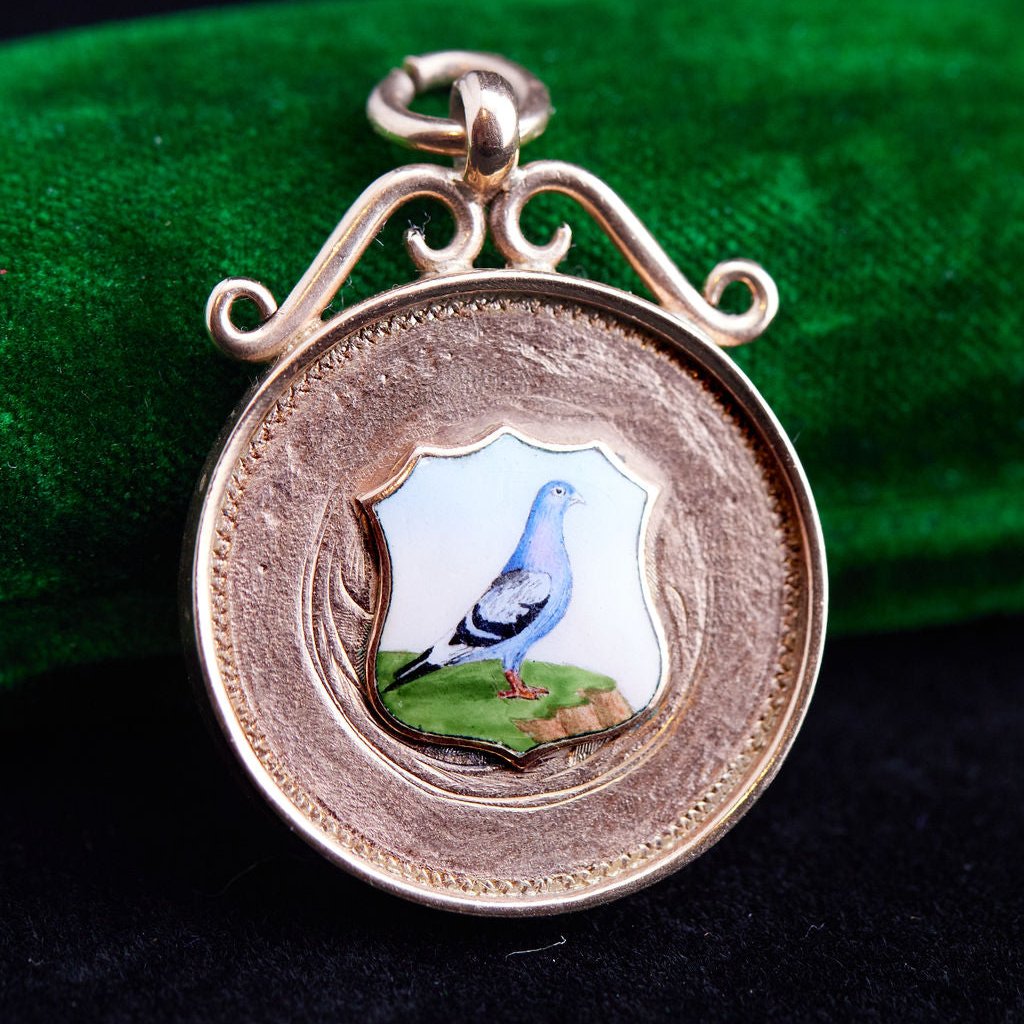 Gold Medallion with Enamel Pigeon